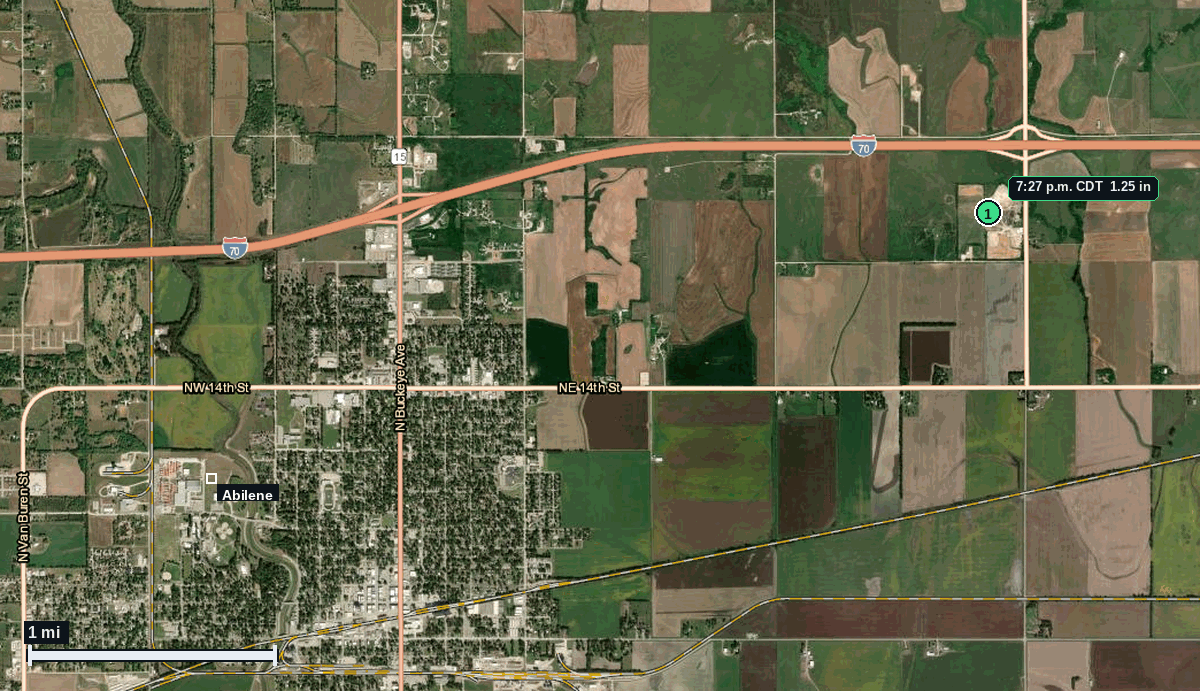 Abilene, KS: 1.25 in hail (half dollar) – 10 Jun 2026