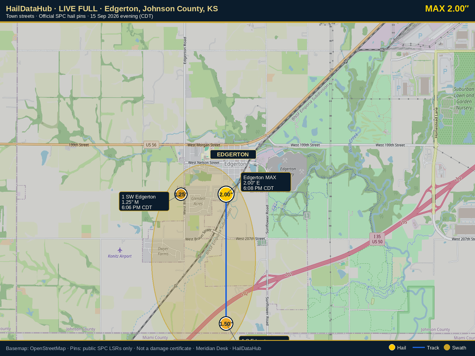 LIVE FULL · Edgerton KS · Official 2.00″ hail · Sep 15, 2026