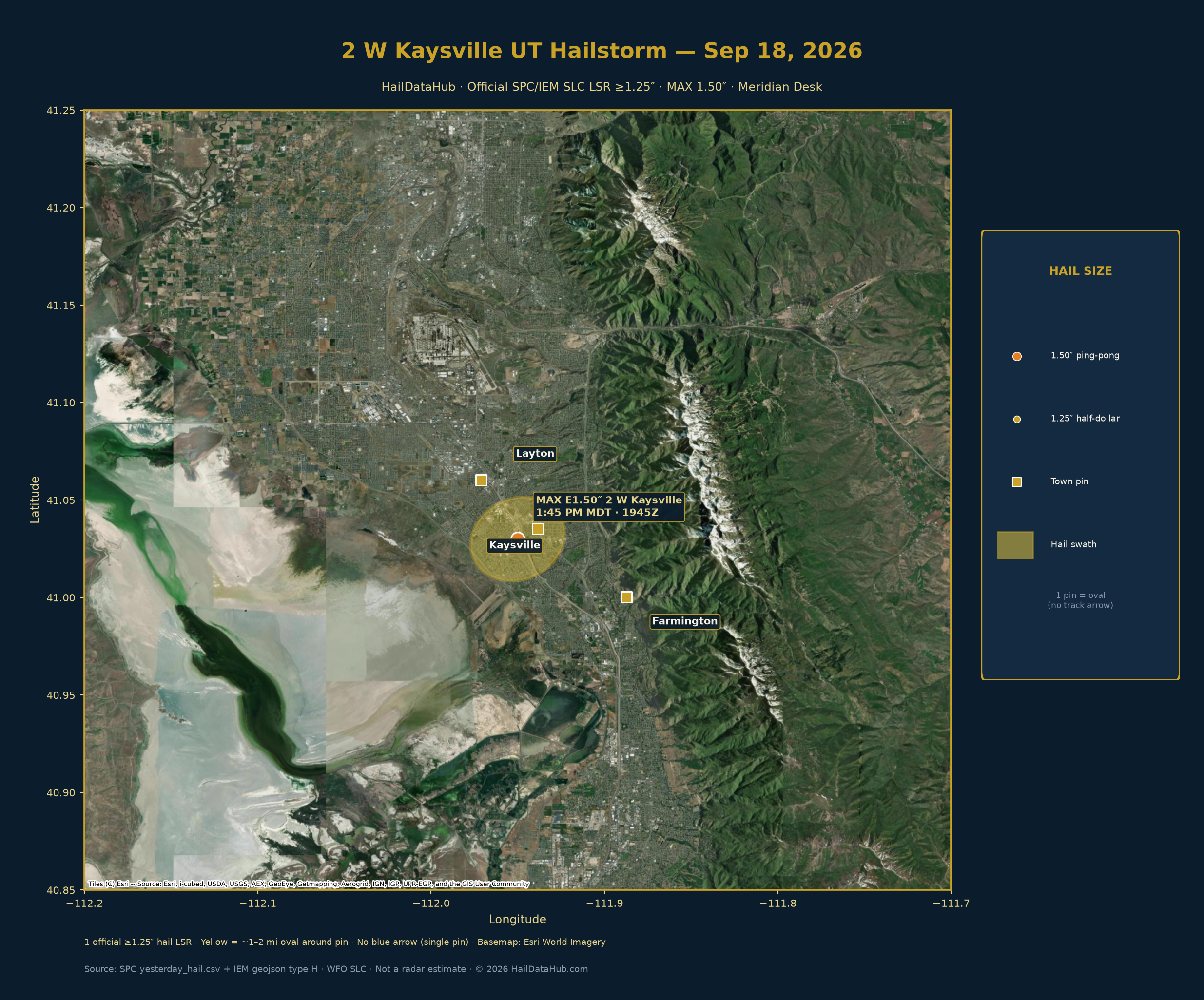 2 W Kaysville UT hail swath — MAX E1.50″ · Sep 18, 2026 · HDH-UT-260918-01